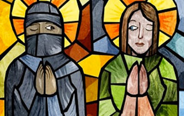 stained glass image of women looking suspiciously at each other