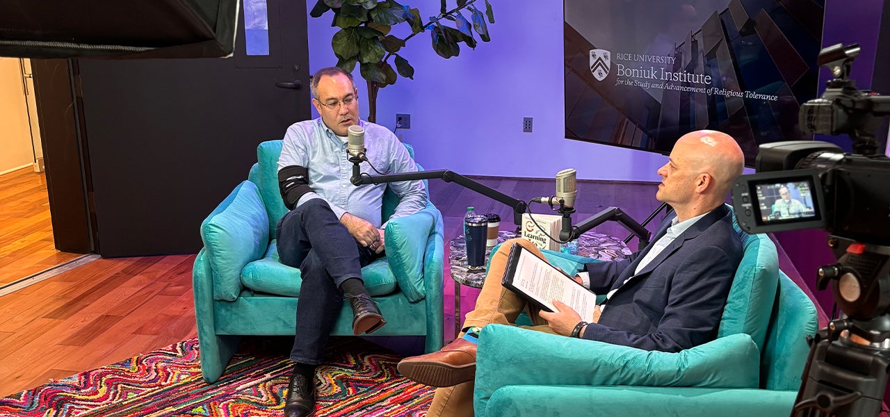 John Inazu and Todd Ferguson sitting in armchairs recording a podcast