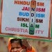 Indian woman holding a sign reflecting various religious traditions practiced in India